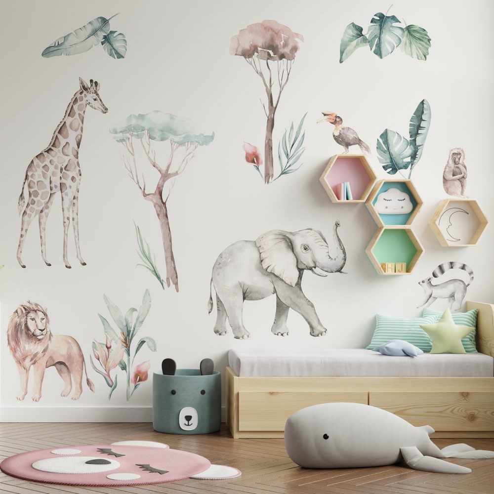 Sawanna, słoń, żyrafa, zebra,  naklejki na ścianę dla dzieci
