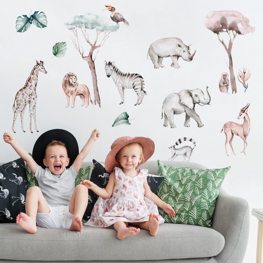 Sawanna, słoń, żyrafa, zebra,  naklejki na ścianę dla dzieci
