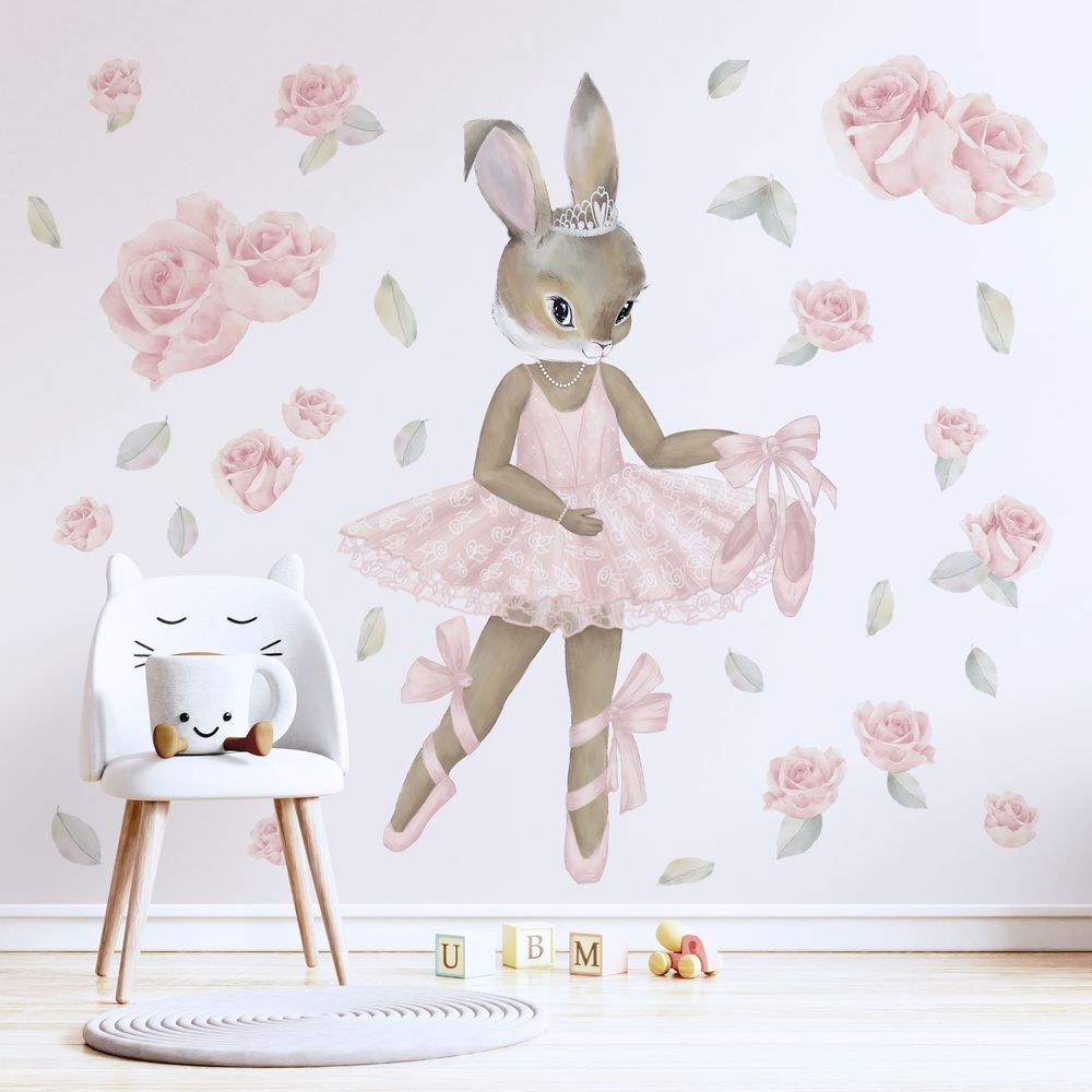 Pastelowy króliczek baletnica róże kwiaty - naklejki na ścianę