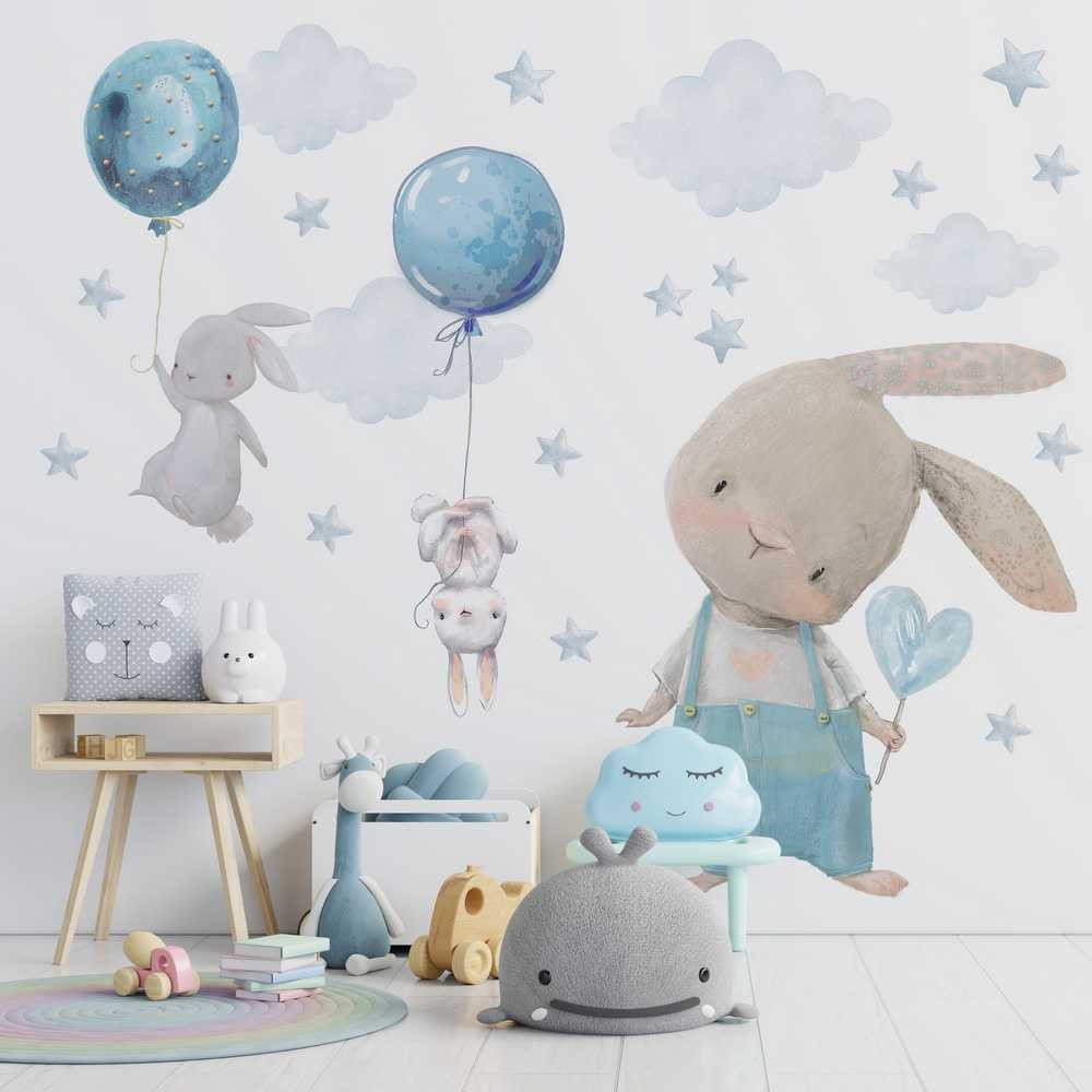 Niebieskie Króliczki, balony - naklejki na ścianę dla dzieci