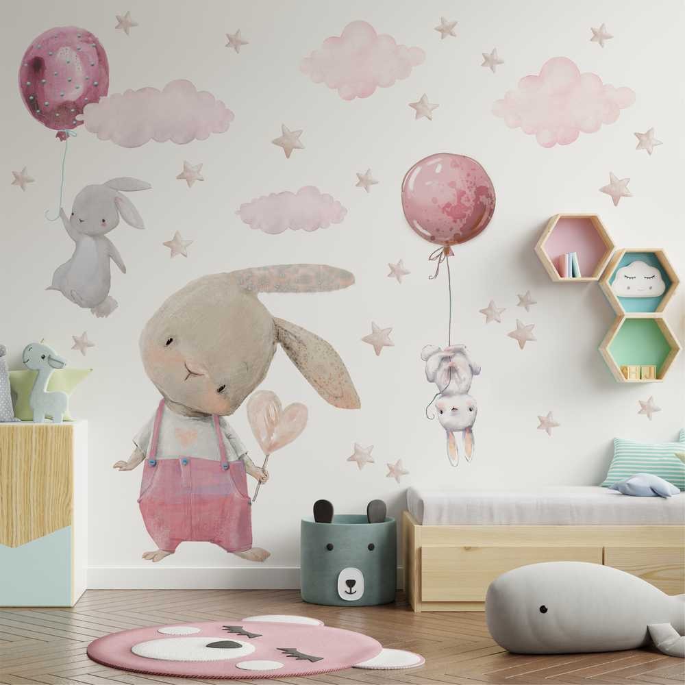 Różowe Króliczki, balony  naklejki na ścianę dla dzieci