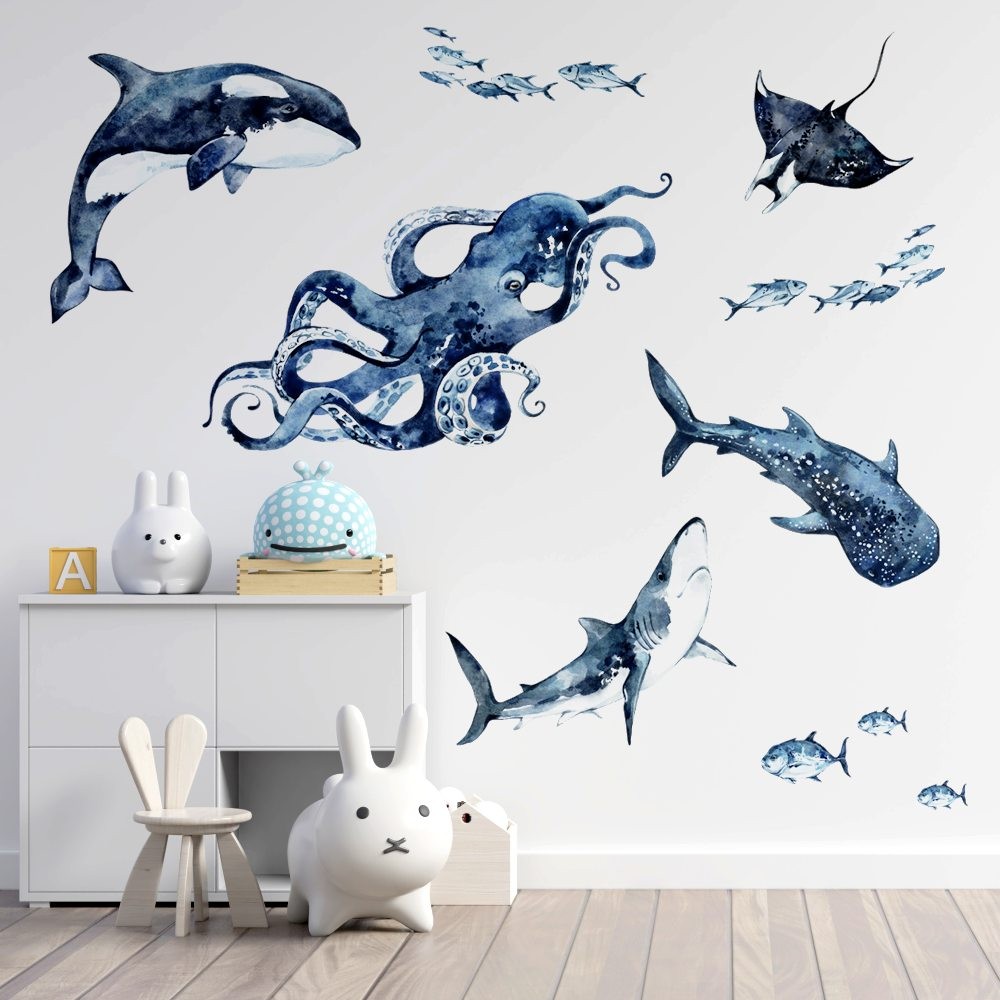 Ocean, delfiny, walenie, morskie naklejki na ścianę dla dzieci