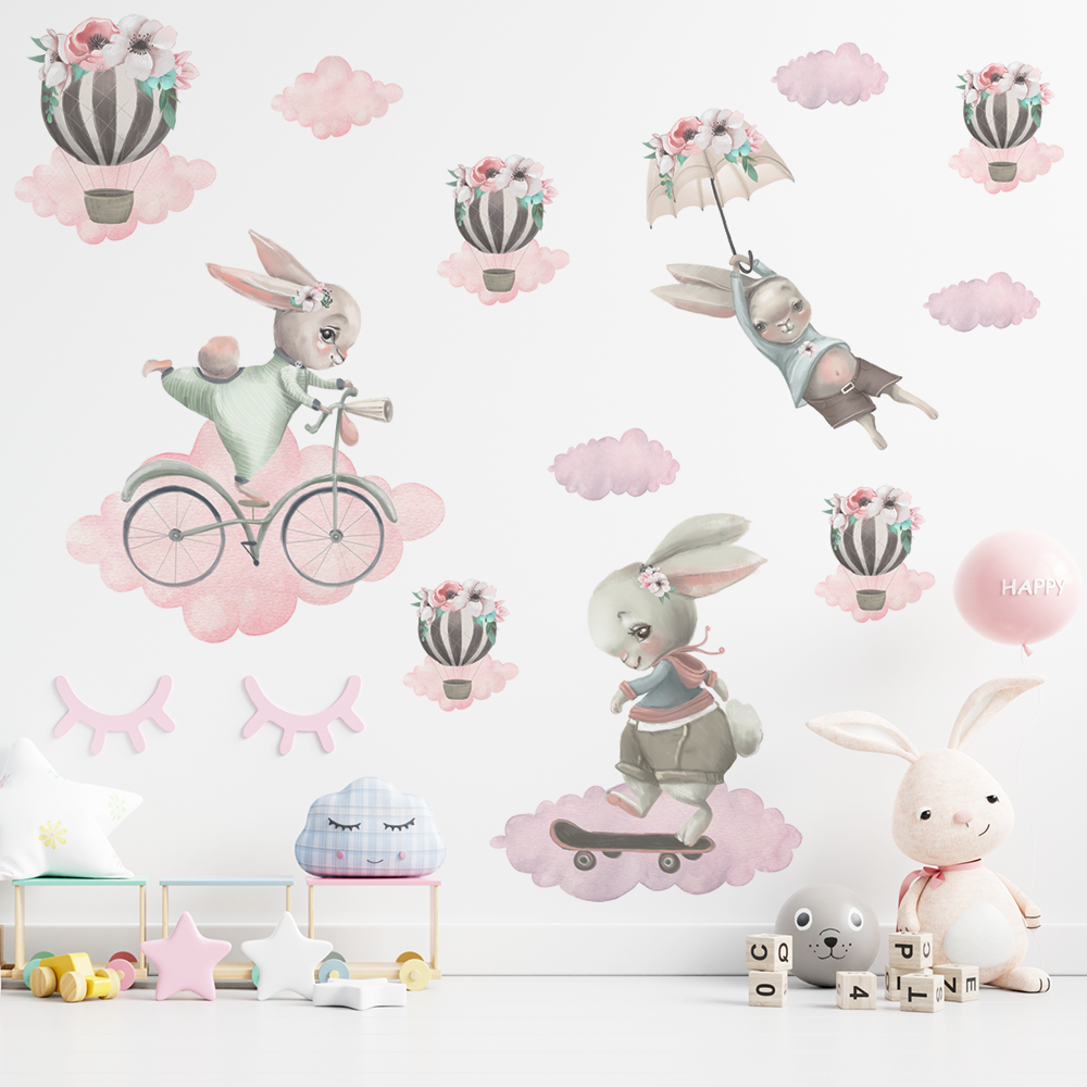 Pastelowe różowe króliczki na chmurkach - naklejki na ścianę