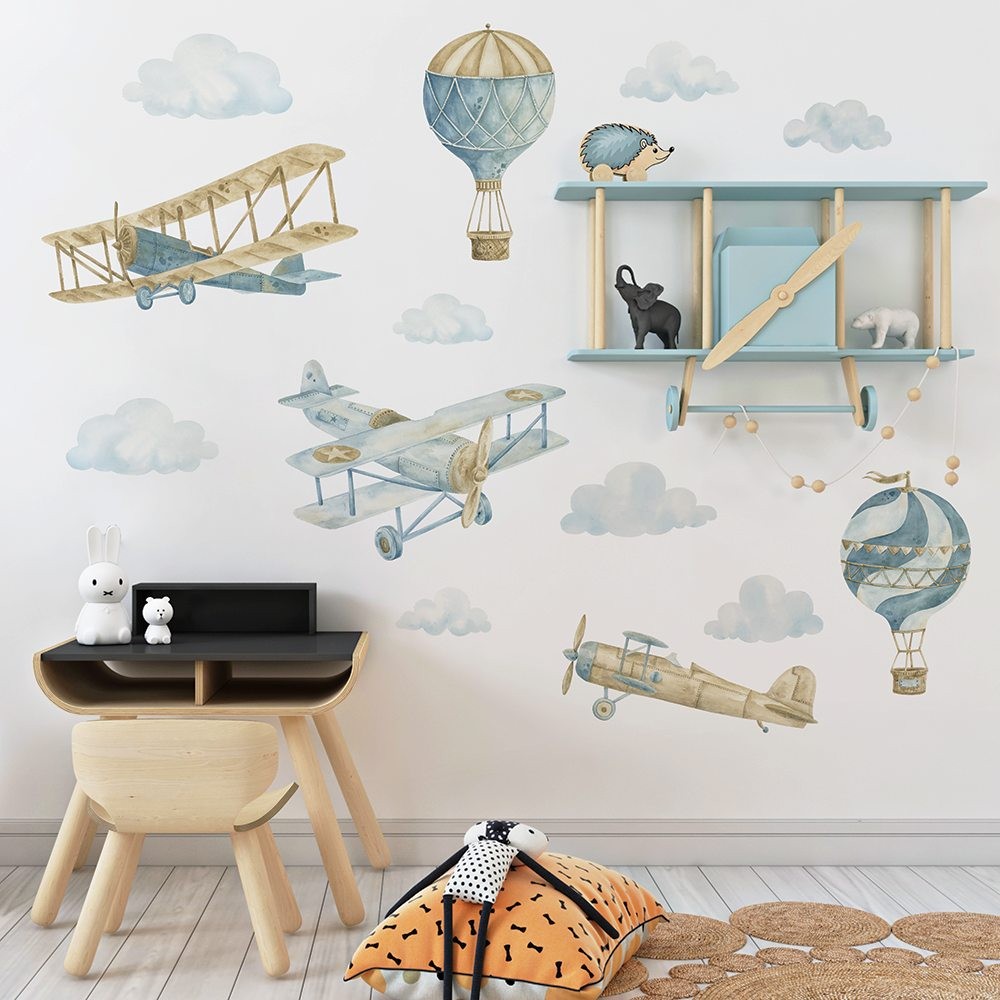 Retro balony i samoloty  naklejki na ścianę dla chłopca