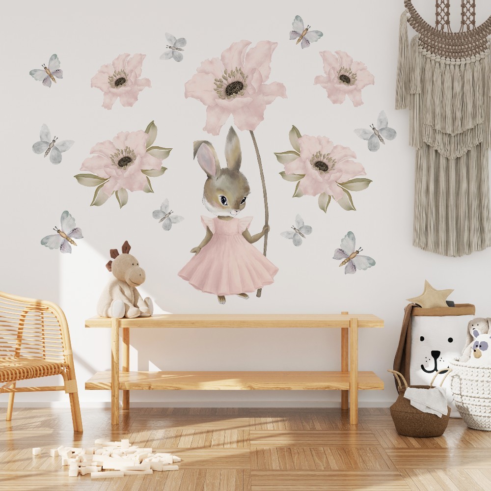 Pastelowy Króliczek Kwiaty Motyle XL - naklejki na ścianę dla