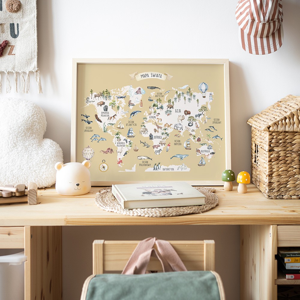 Plakat Mapa Świata Musztardowa - obrazek do pokoju dziecka