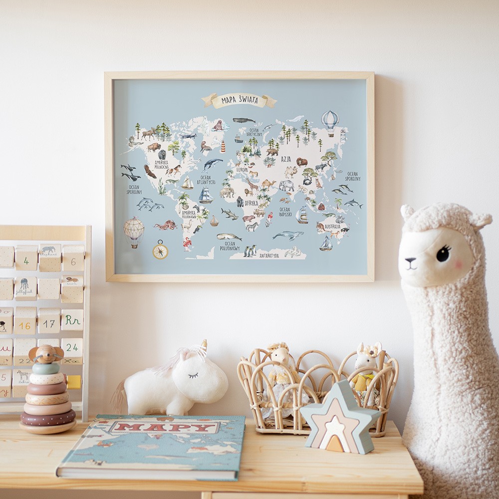 Plakat Mapa Świata Turkusowy Błękit - obrazek do pokoju dziecka